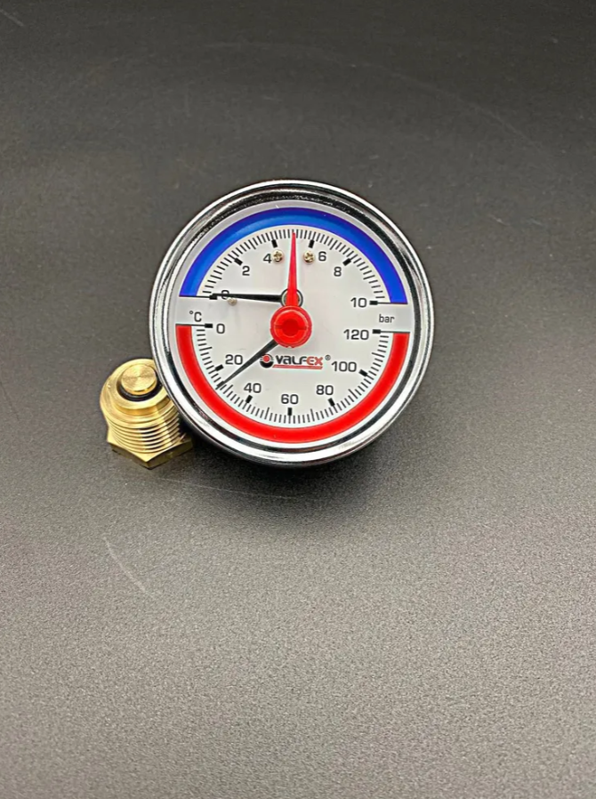 Термоманометр аксиальный (заднее подключение), 10 бар, VALFEX, арт.VF.TMZ.63.012.10