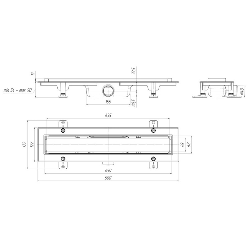 Трап линейный пластиковый АНИ Пласт TLQ1145G DN40 с сухим затвором и глянцевой решёткой Штиль 450х62 мм