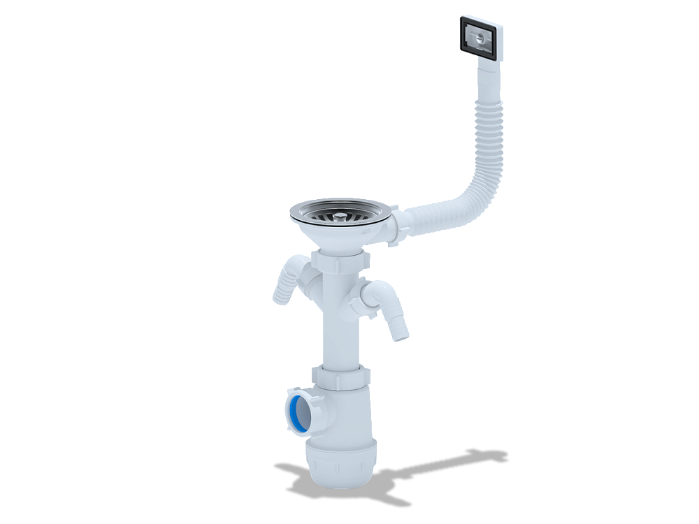 Сифон для мойки АНИ Пласт Грот A0146S 3 1/2 дюйма 40 мм с гибким переливом и двумя отводами для стиральной машины