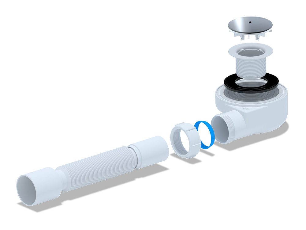 Сифон для душевого поддона АНИ Пласт E455C 1 1/2 дюйма 50 мм высота 53 мм с гибкой трубой 40х50 мм хром