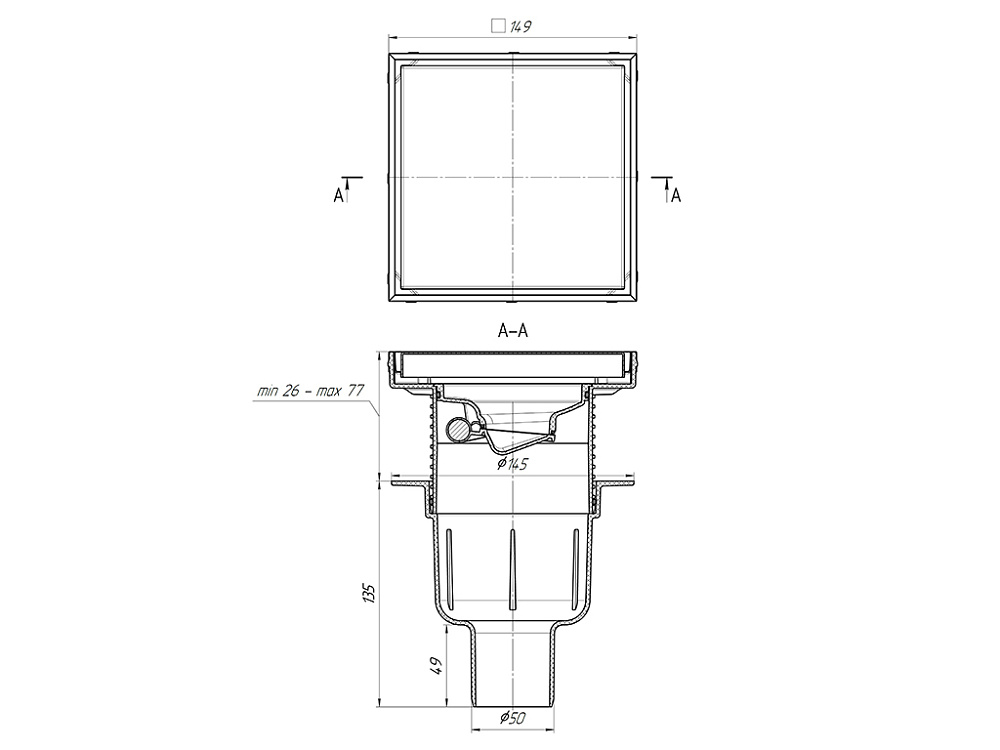 Трап для душа АНИ Пласт TQ5912 DN50 горизонтальный регулируемый с сухим затвором и решёткой из нержавеющей стали 150х150 мм под плитку