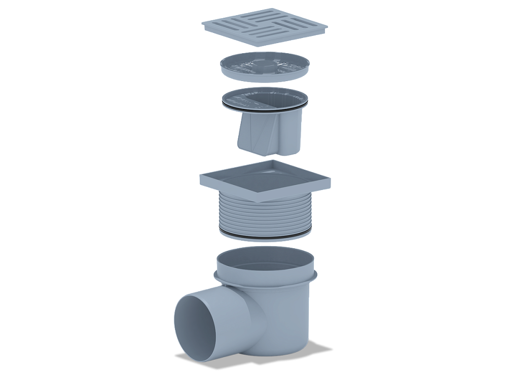 Трап для душа АНИ Пласт TQ1610 DN110 горизонтальный регулируемый с сухим затвором и решёткой из пластика 150х150 мм
