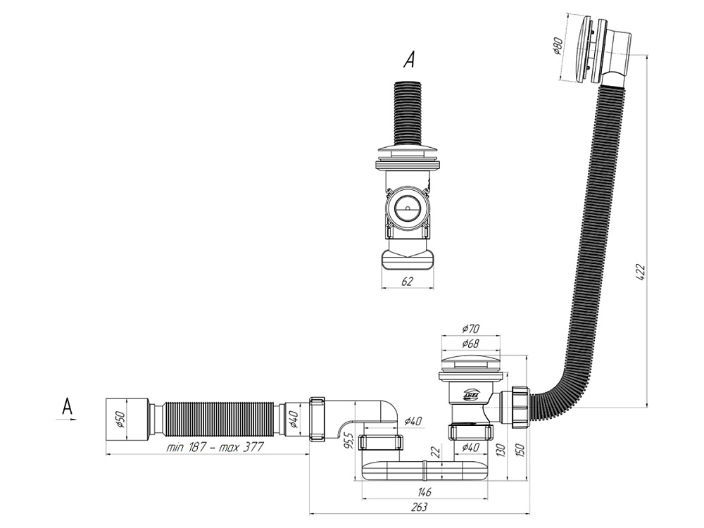 Сифон для ванны АНИ Пласт EC055G 1 1/2 дюйма 40 мм клик-клак гриб с переливом и гибкой трубой 40х50 мм