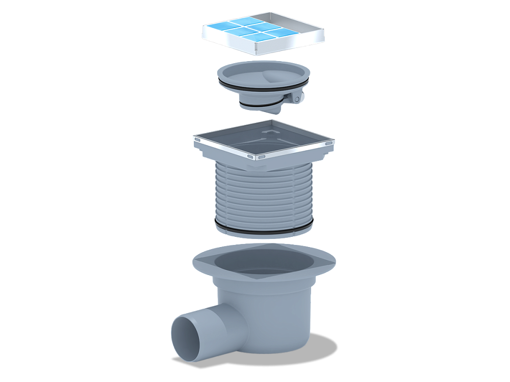 Трап для душа АНИ Пласт TQ5802 DN50 горизонтальный регулируемый с сухим затвором и решёткой из нержавеющей стали 100х100 мм под плитку