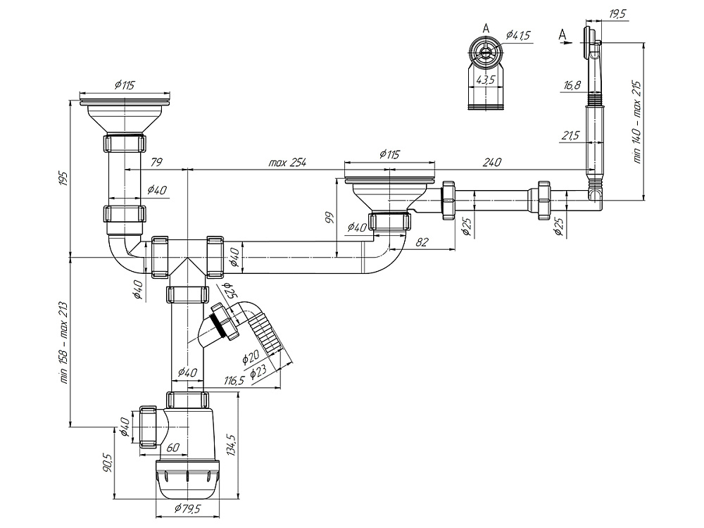 Сифон для мойки АНИ Пласт Грот A3700 3 1/2 дюйма 40 мм двойной разноуровневый с жестким переливом и отводом для стиральной машины