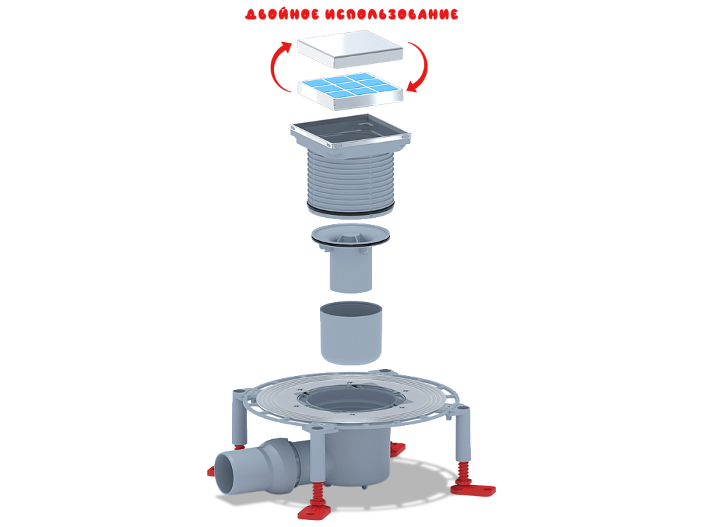 Трап горизонтальный регулируемый АНИ Пласт THA5802 выпуск 50 мм с решеткой из нержавеющей стали 100х100 мм под плитку