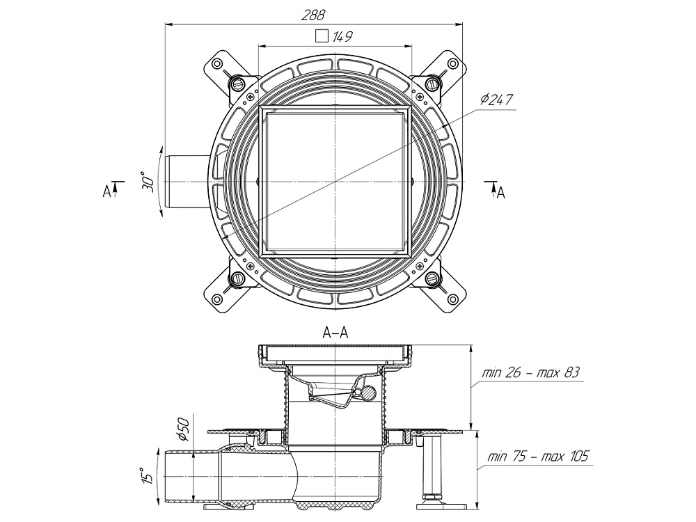 Трап для душа АНИ Пласт TVQ5812 DN50 горизонтальный регулируемый с сухим затвором и с решёткой из нержавеющей стали 150х150 мм под плитку
