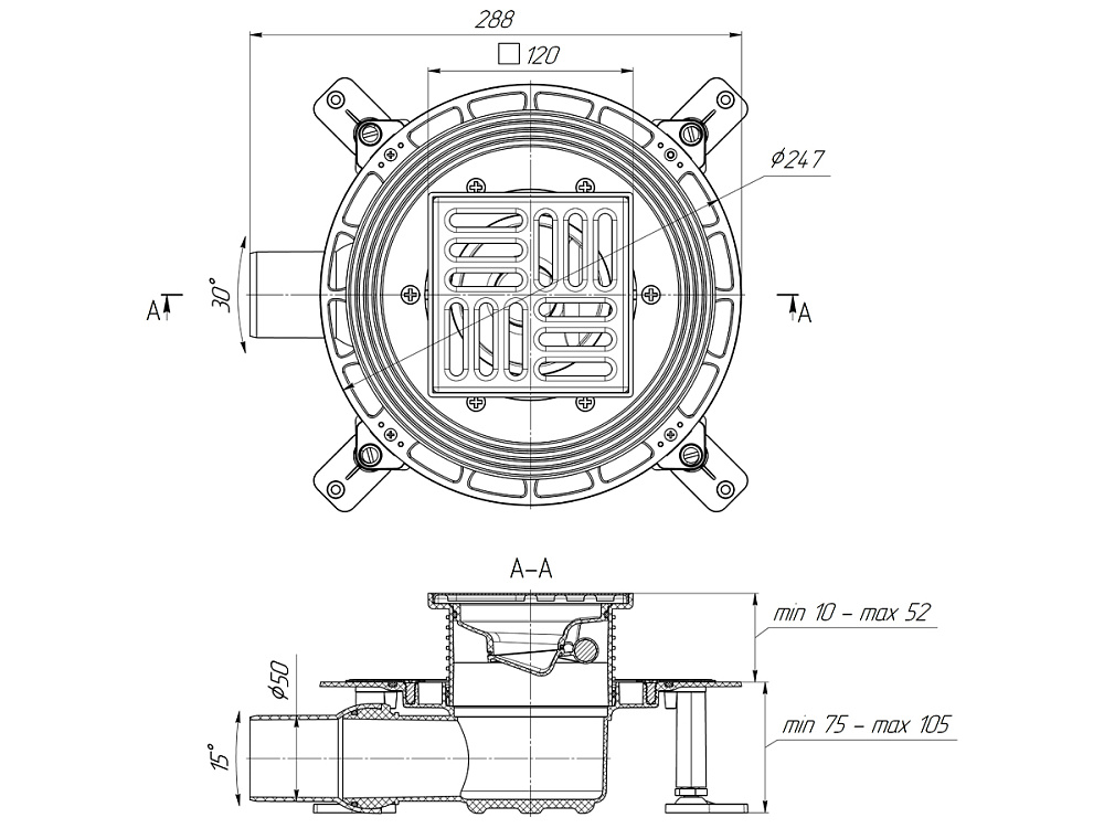 Трап для душа АНИ Пласт TVQ5614 DN50 горизонтальный регулируемый с сухим затвором и решёткой из нержавеющей стали 120х120 мм
