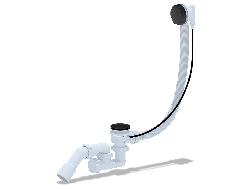 Перелив полуавтомат с регулируемым сифоном АНИ Пласт EM321BL 580 мм с переходной трубой 45 градусов 40х50 мм черный, толщина ванн до 13 мм