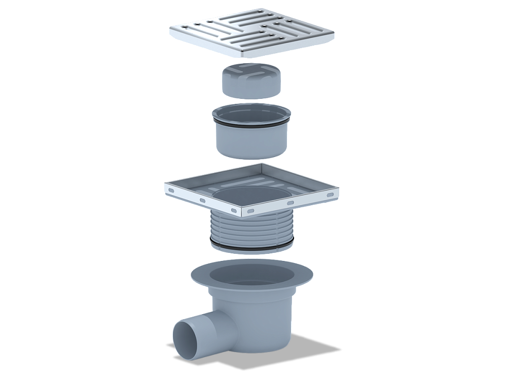 Трап для душа АНИ Пласт TQ5612 DN50 горизонтальный регулируемый с сухим затвором и решёткой из нержавеющей стали 150х150 мм