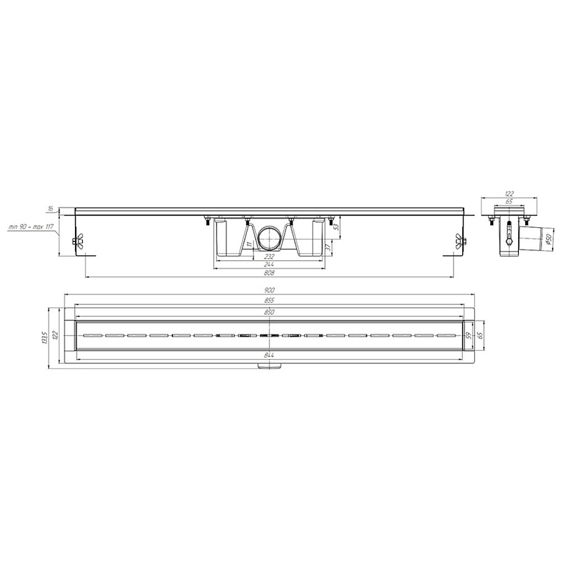 Трап линейный из нержавеющей стали АНИ Пласт TLZ2585G DN50 с комбинированным затвором и глянцевой решёткой Киль 850х65 мм