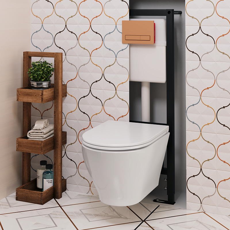 Набор инсталляции 40 см АНИ Пласт WN4 1488 Breeze с безободковым унитазом, с сиденьем микролифт, медь матовый клавишей WP1488