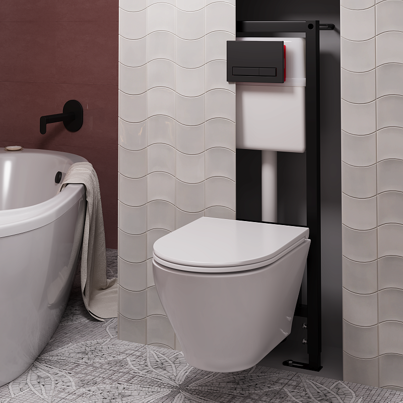 Набор инсталляции 40 см АНИ Пласт WN4 1433 Breeze с безободковым унитазом, с сиденьем микролифт, черный матовый клавишей WP1433