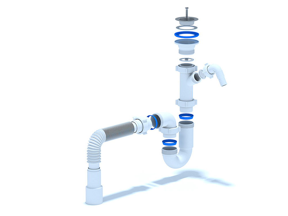 Сифон для мойки АНИ Пласт D1015 1 1/2 дюйма 40 мм прямоточный с отводом для стиральной машины и гибкой трубой 40х40/50 мм
