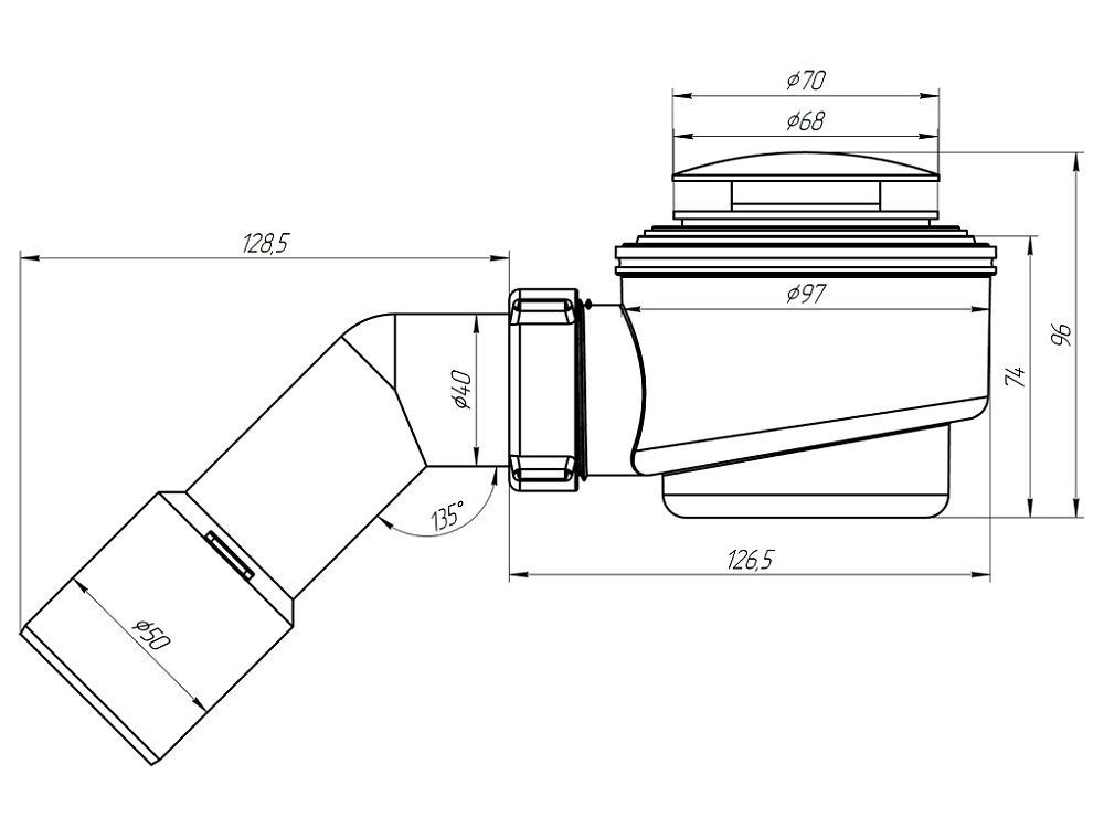 Сифон для душевого поддона АНИ Пласт E411CLGS 1 1/2 дюйма 50 мм клик-клак гриб с сеткой с переходной трубой 45 градусов 40х50 мм