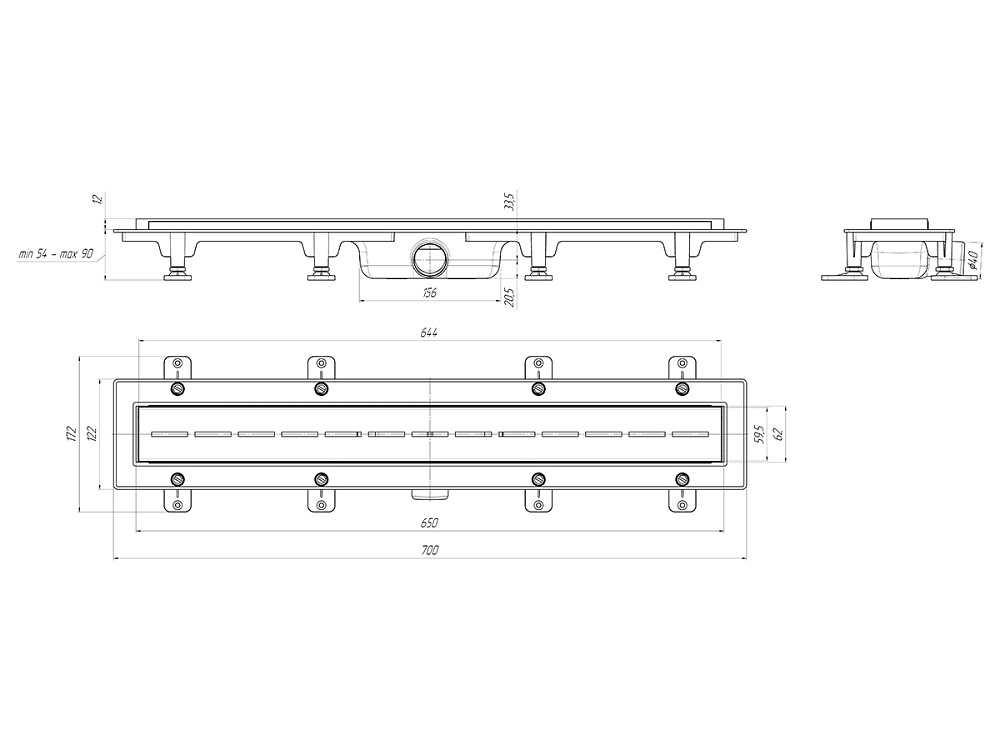 Трап линейный пластиковый АНИ Пласт TL1565M выпуск 40 мм решётка Киль матовая нержавеющая сталь 650 мм