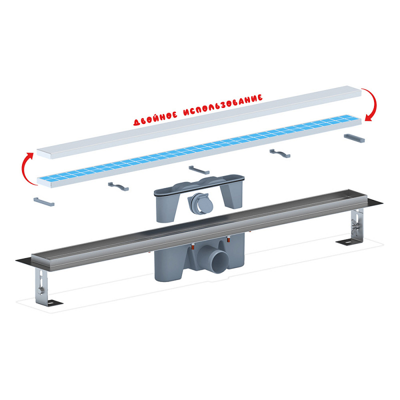 Трап линейный из нержавеющей стали АНИ Пласт TLZ2085 DN50 с комбинированным затвором матовой решёткой под плитку МОЛ 850х65 мм