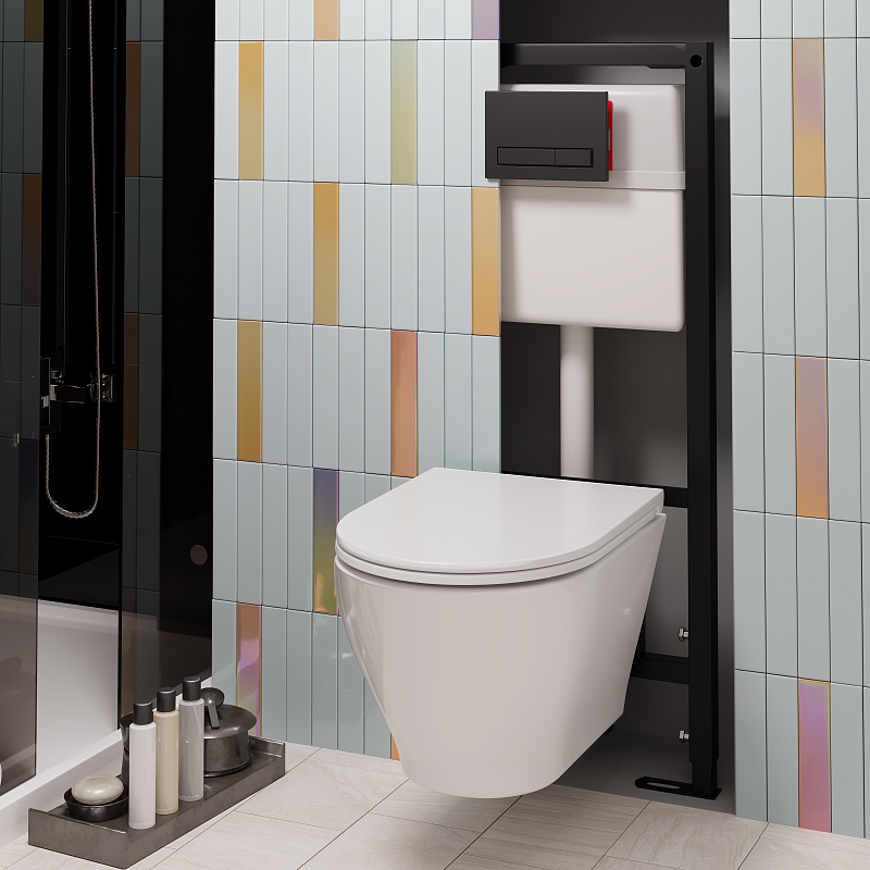 Набор инсталляции 50 см АНИ Пласт WN5 1433 Breeze с безободковым унитазом, с сиденьем микролифт, черный матовый клавишей WP1433