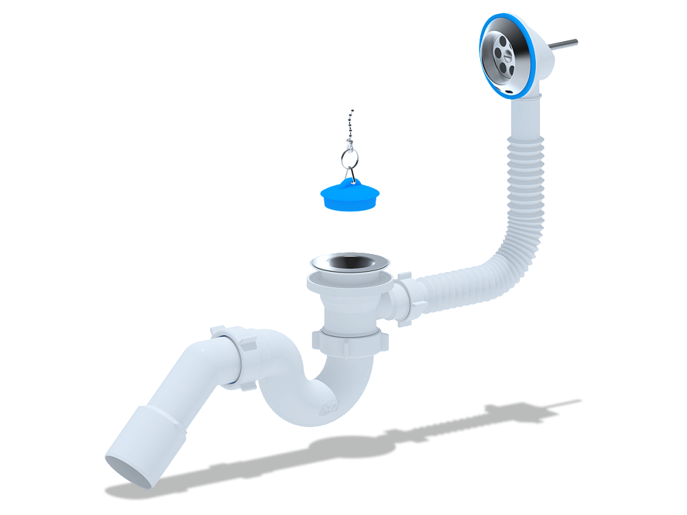 Сифон для ванны АНИ Пласт E151 1 1/2 дюйма с переливом и переходной трубой 45 градусов 40х50 мм