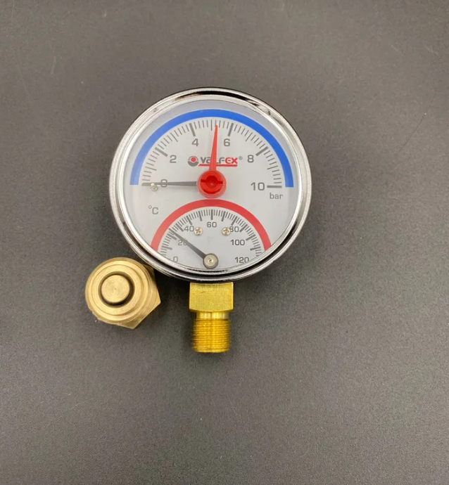 Термоманометр радиальный (нижнее подключение), 10 бар, VALFEX, арт.VF.TMN.63.012.10