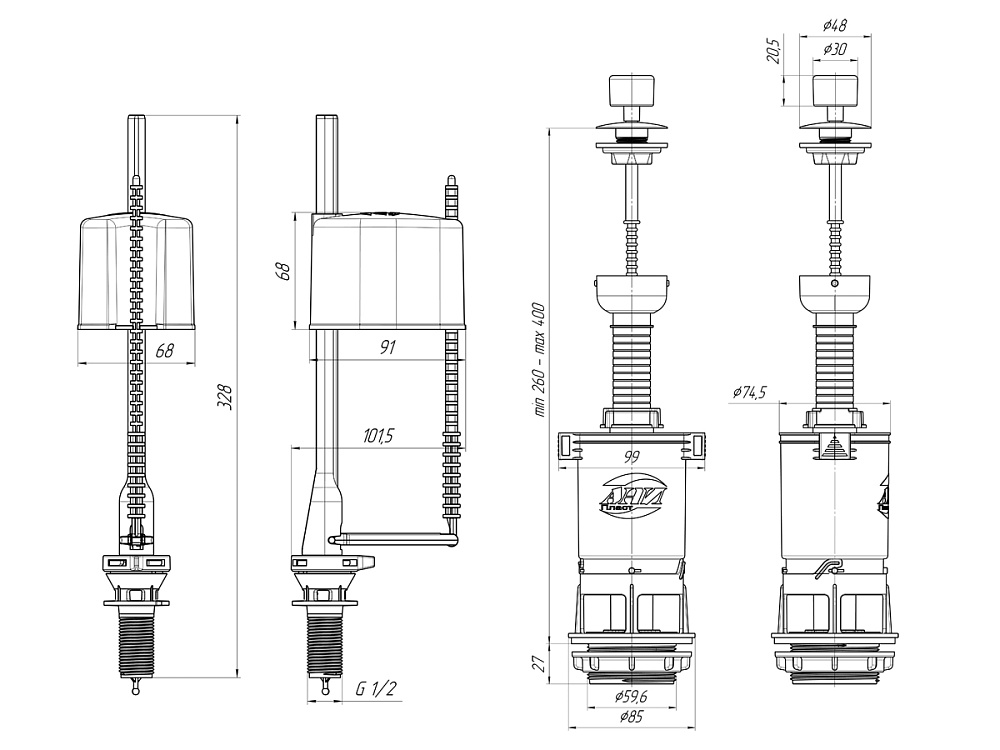 Набор с нижней подводкой АНИ Пласт WC4550 1/2 дюйма с пластиковым штуцером эконом шток белый