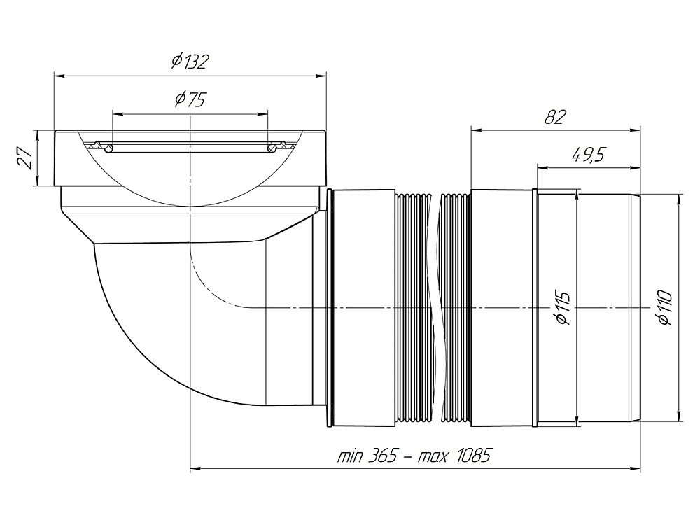 Удлинитель гибкий для унитаза АНИ Пласт K732R угол 90 градусов выпуск 110 мм 365-1085 мм