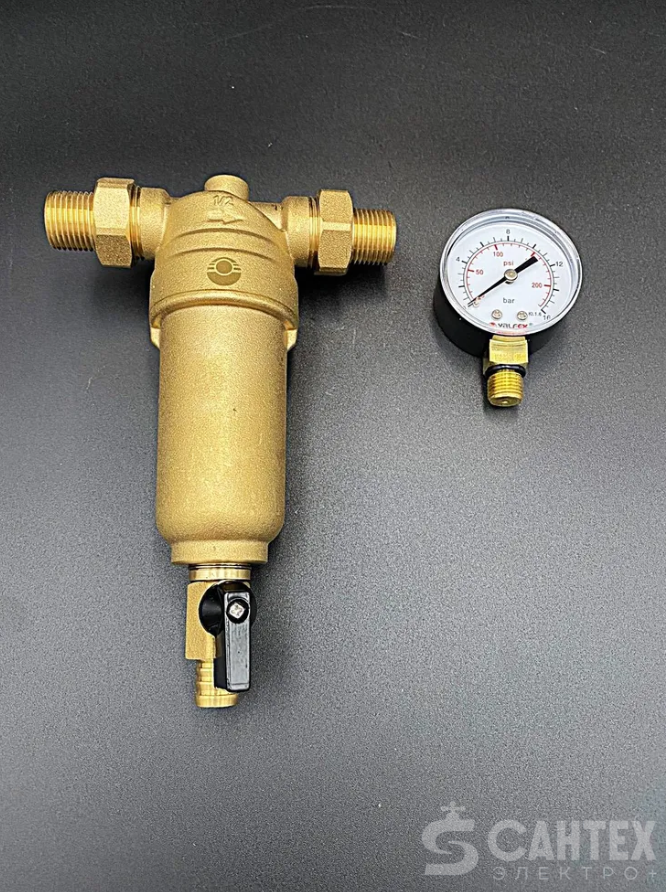 Фильтр промывной с манометром латунный 1/2", VALFEX, арт.VF.381.L.012