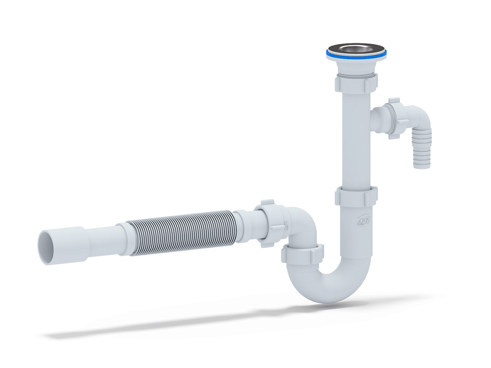 Сифон для раковины АНИ Пласт DB1315 1 1/4 дюйма 32 мм прямоточный с отводом для стиральной машины и гибкой трубой 32х32/40 мм