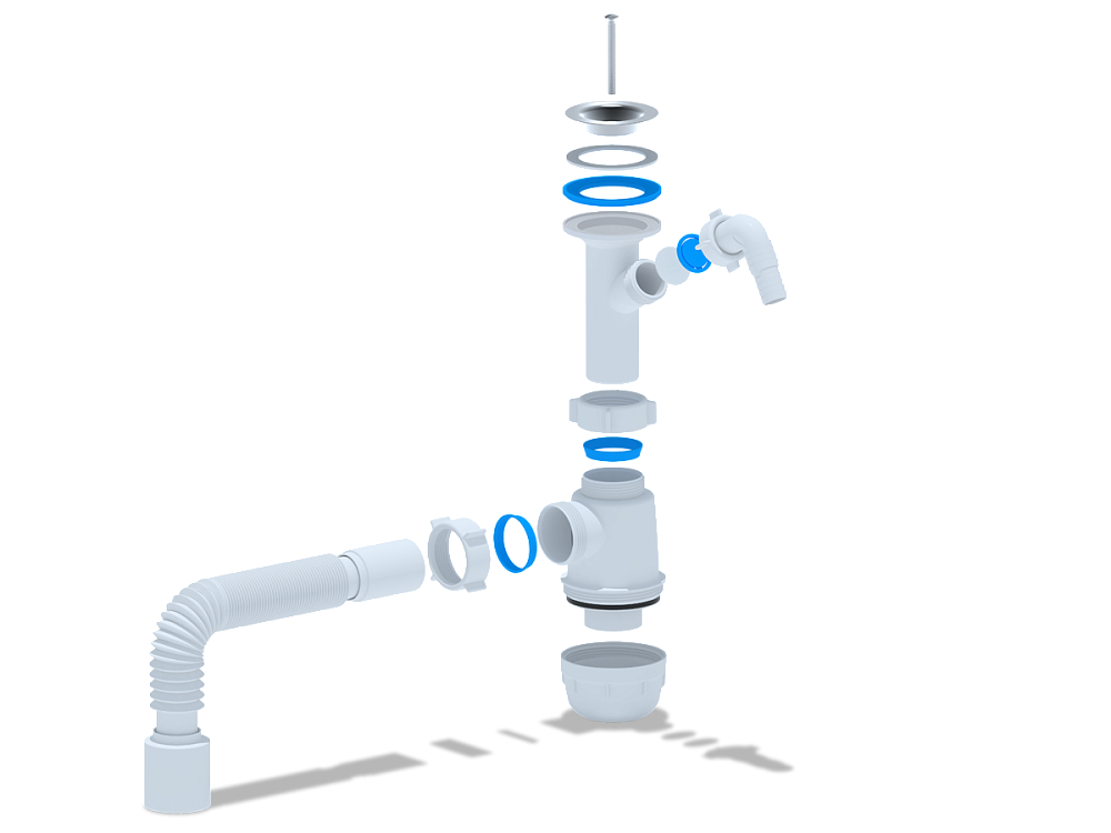 Сифон для мойки АНИ Пласт Грот A2010 1 1/2 дюйма 40 мм с отводом для стиральной машины с гибкой трубой 40х50 мм
