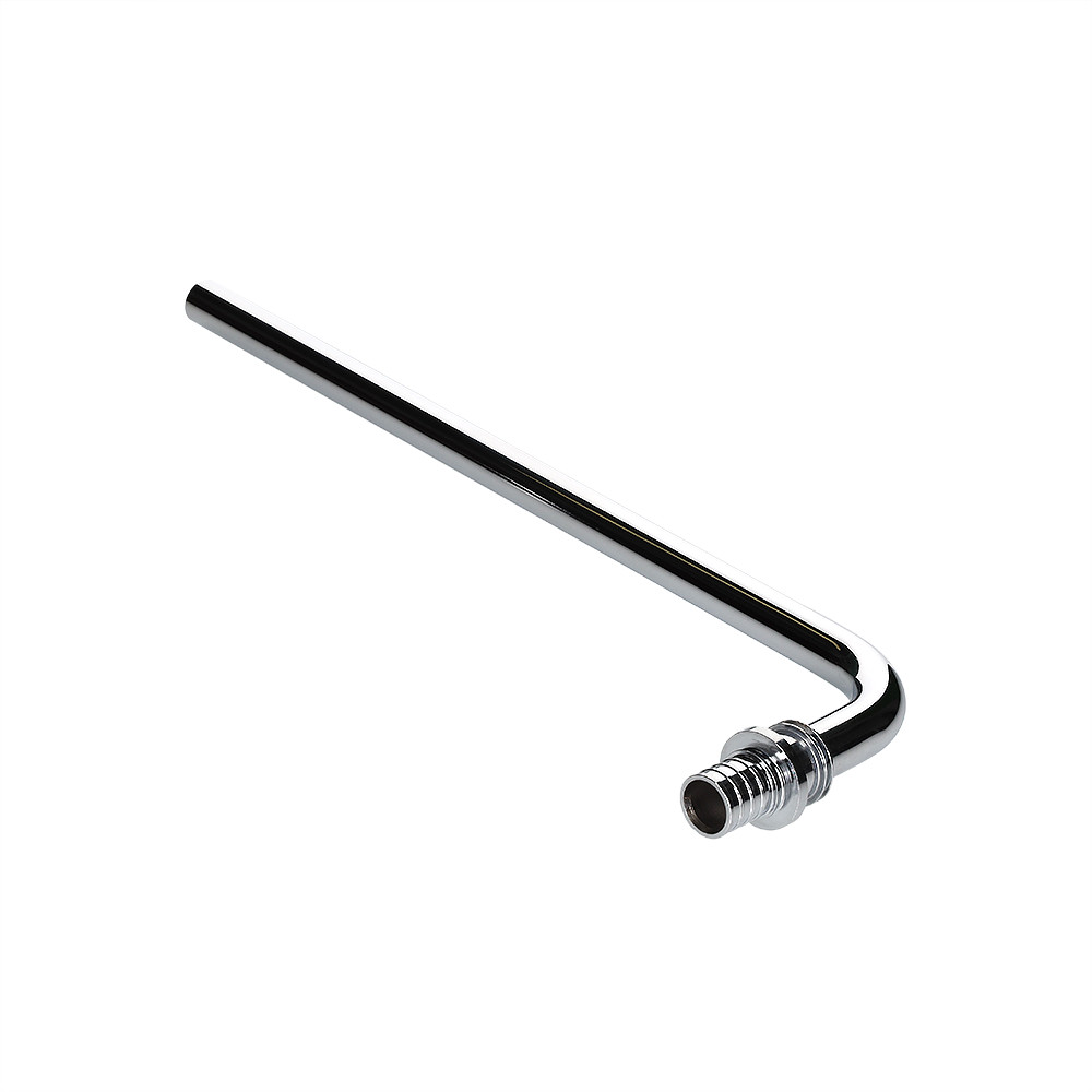 Фитинг аксиальный универсальный – угольник радиаторный с хромированной латунной трубкой с плавным поворотом, короткий