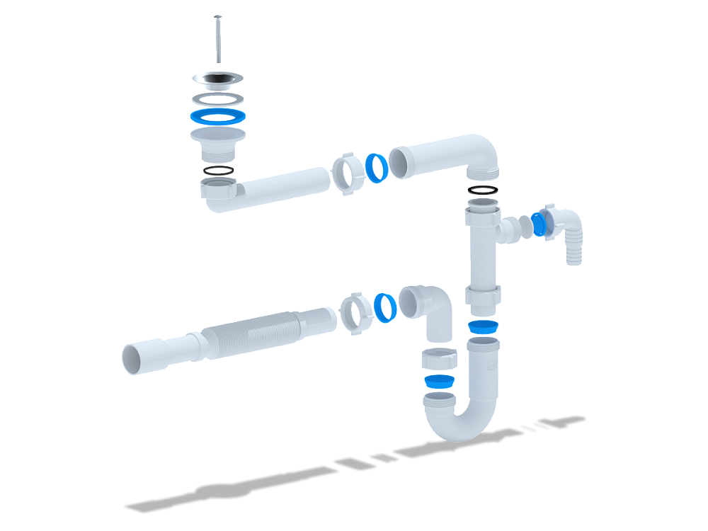 Сифон для раковины АНИ Пласт DB5315 1 1/4 дюйма 32 мм с отводом для стиральной машины с гибкой трубой 32х32/40 мм