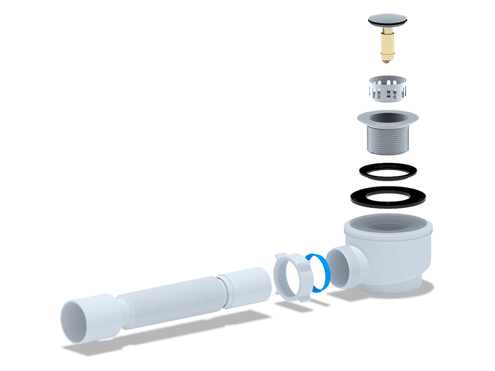 Сифон для душевого поддона АНИ Пласт E415CLS 1 1/2 дюйма 50 мм клик-клак с сеткой с гибкой трубой 40х50 мм