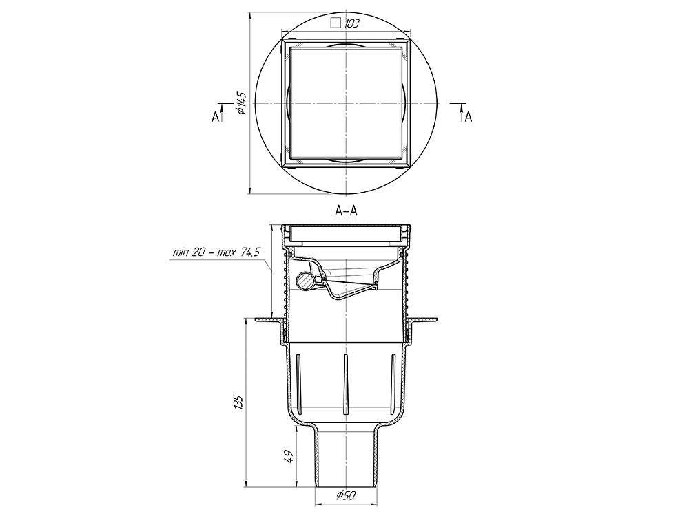 Трап для душа АНИ Пласт TQ5902 DN50 горизонтальный регулируемый с сухим затвором и решёткой из нержавеющей стали 100х100 мм под плитку