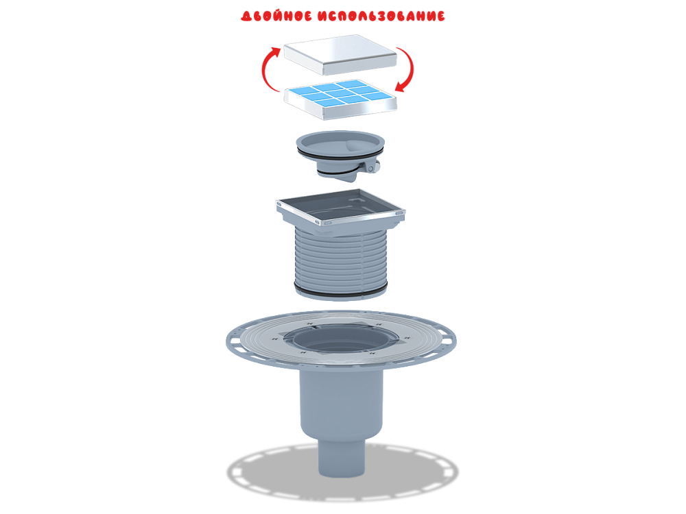 Трап для душа АНИ Пласт THQ5902 DN50 вертикальный регулируемый с сухим затвором и решёткой из нержавеющей стали 100х100 мм