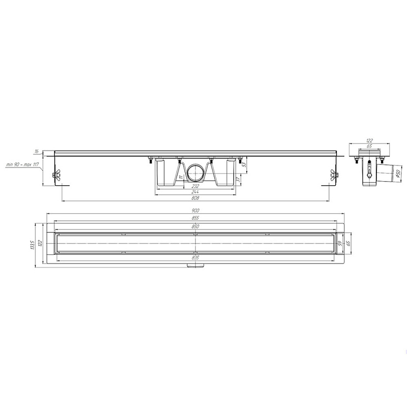 Трап линейный из нержавеющей стали АНИ Пласт TLZ2185M DN50 с комбинированным затвором матовой решёткой Штиль 850х65 мм
