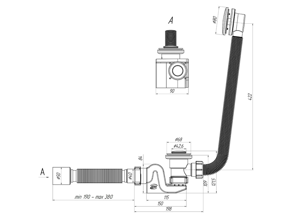 Сифон для ванны АНИ Пласт Бриг EC655 1 1/2 дюйма 40 мм клик-клак с переливом и гибкой трубой 40х50 мм