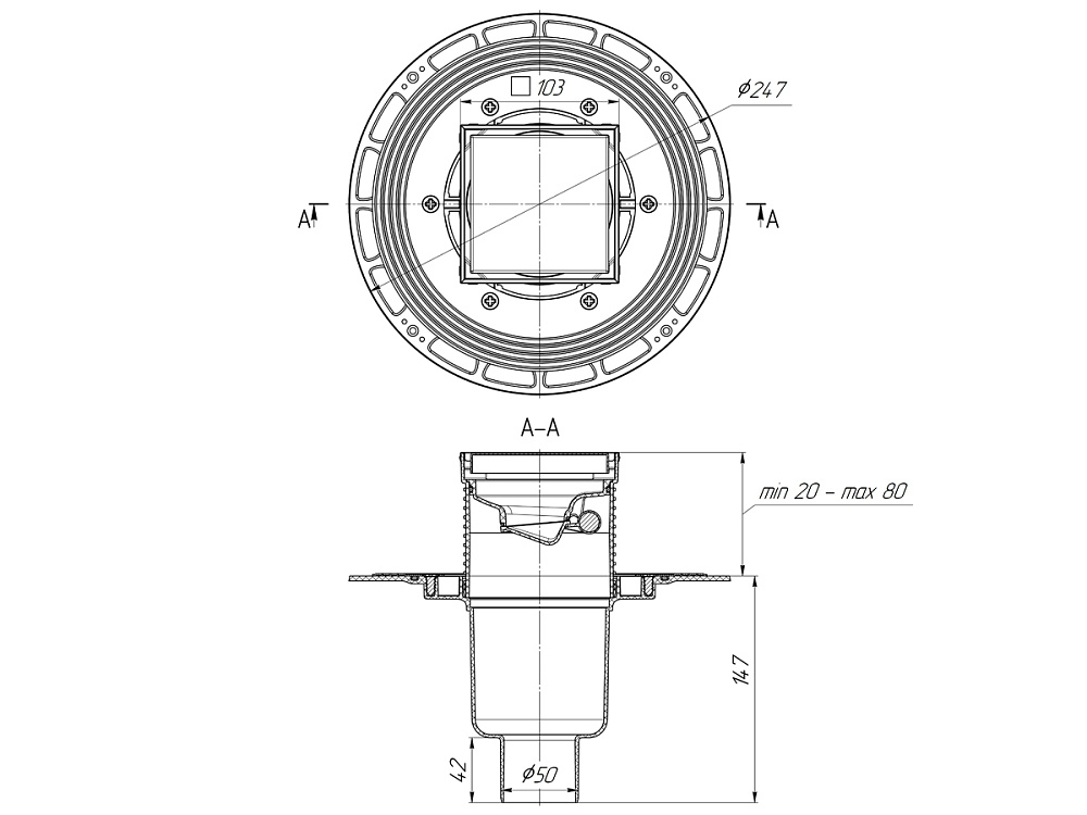 Трап для душа АНИ Пласт THQ5902 DN50 вертикальный регулируемый с сухим затвором и решёткой из нержавеющей стали 100х100 мм