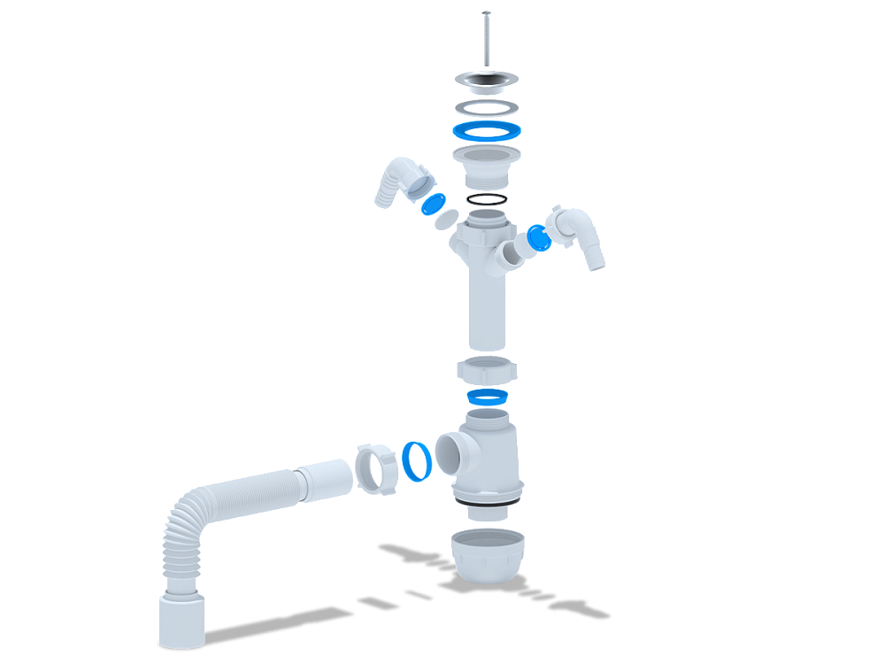Сифон для мойки АНИ Пласт Грот A1110 1 1/2 дюйма 40 мм с двумя отводами для стиральной машины с гибкой трубой 40х50 мм