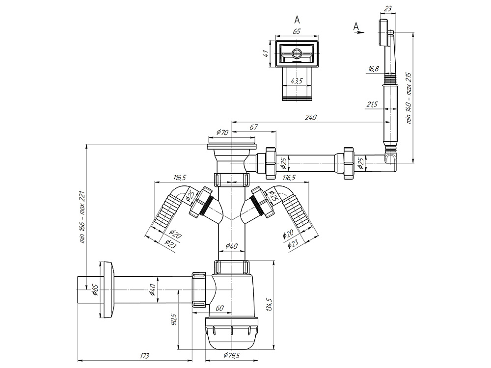 Сифон для мойки АНИ Грот A1140 с двумя отводами для стиральной машины с жестким переливом 1 1/2 дюйма 40 мм
