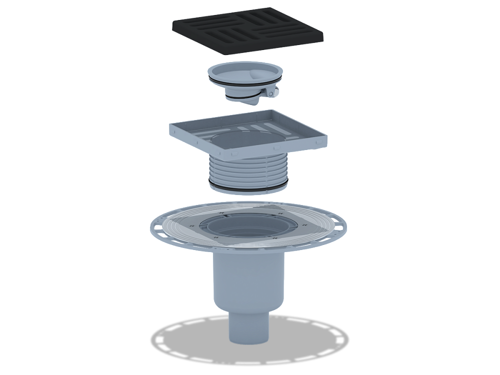 Трап для душа АНИ Пласт THQ5716 DN50 вертикальный регулируемый с сухим затвором и решёткой из чугуна 150х150 мм