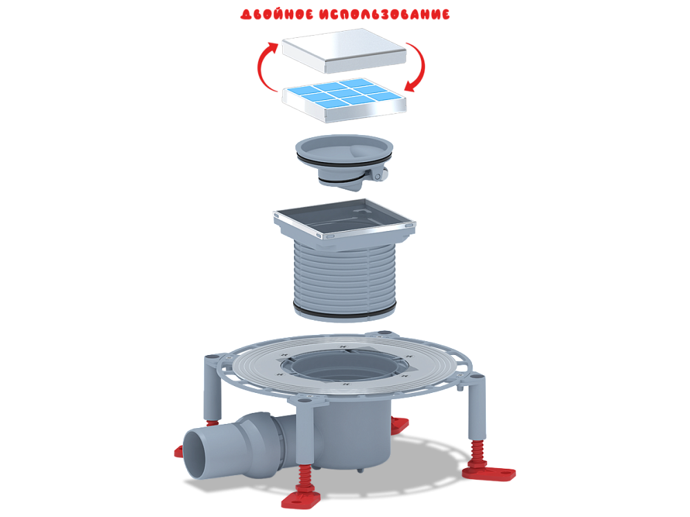 Трап для душа АНИ Пласт THQ5802 DN 50 горизонтальный регулируемый с сухим затвором и решёткой из нержавеющей стали 100х100 мм под плитку