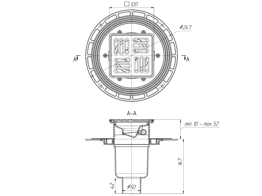Трап для душа АНИ Пласт THQ5714M DN50 вертикальный регулируемый с сухим затвором, решёткой и обрешёткой из нержавеющей стали 120х120 мм