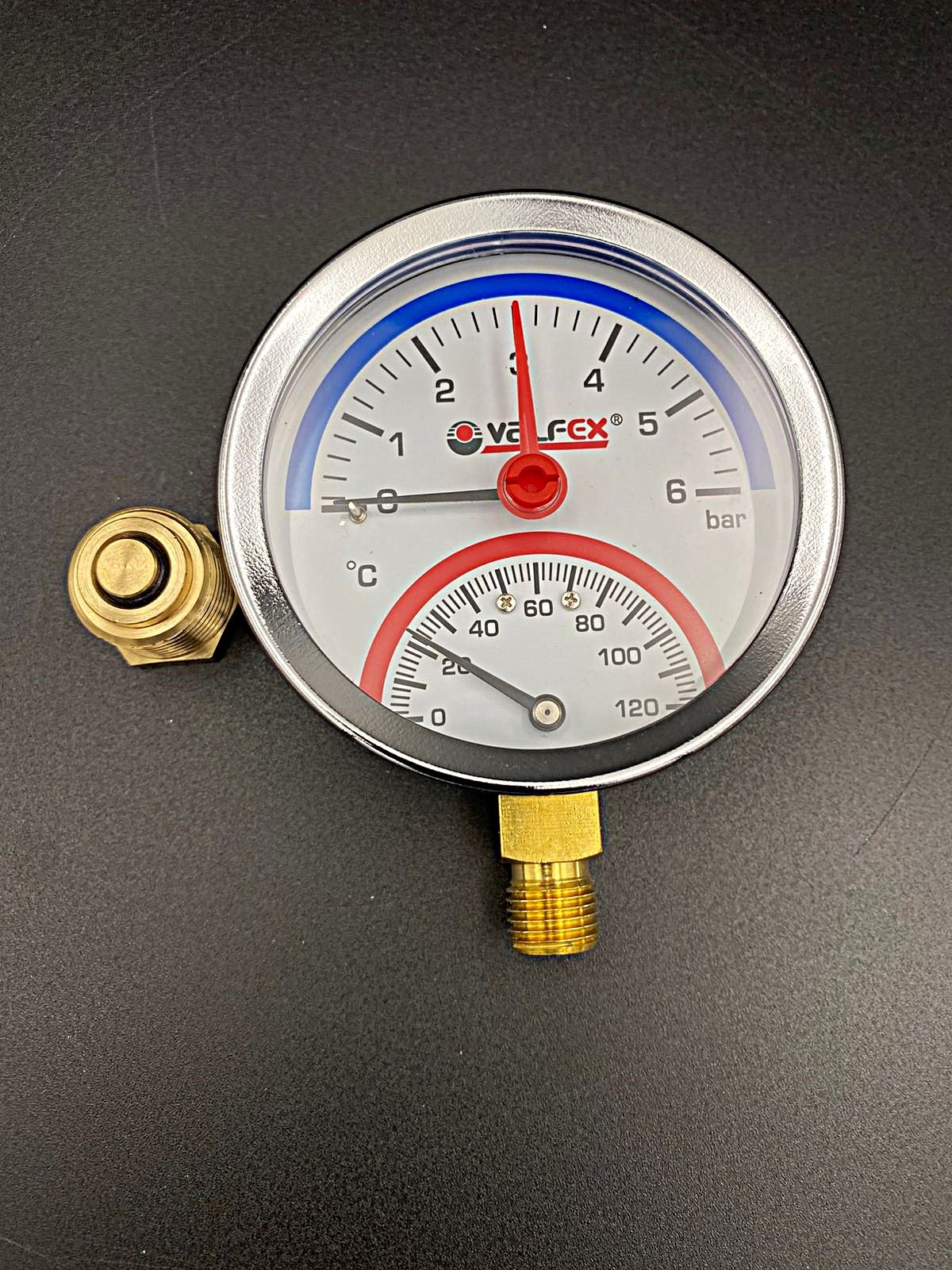 Термоманометр радиальный (нижнее подключение), 6 бар, VALFEX, арт.VF.TMN.80.012.06