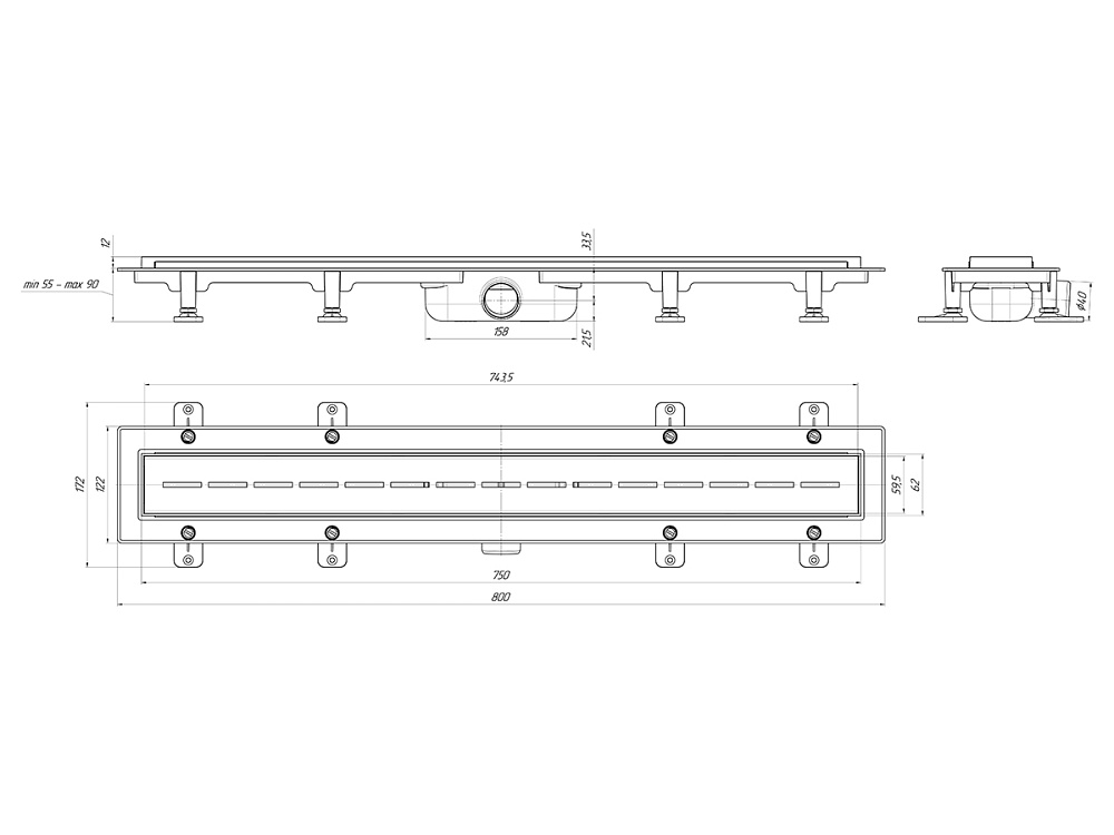 Трап линейный пластиковый АНИ Пласт TL1575G выпуск 40 мм решётка Киль глянцевая нержавеющая сталь 750 мм