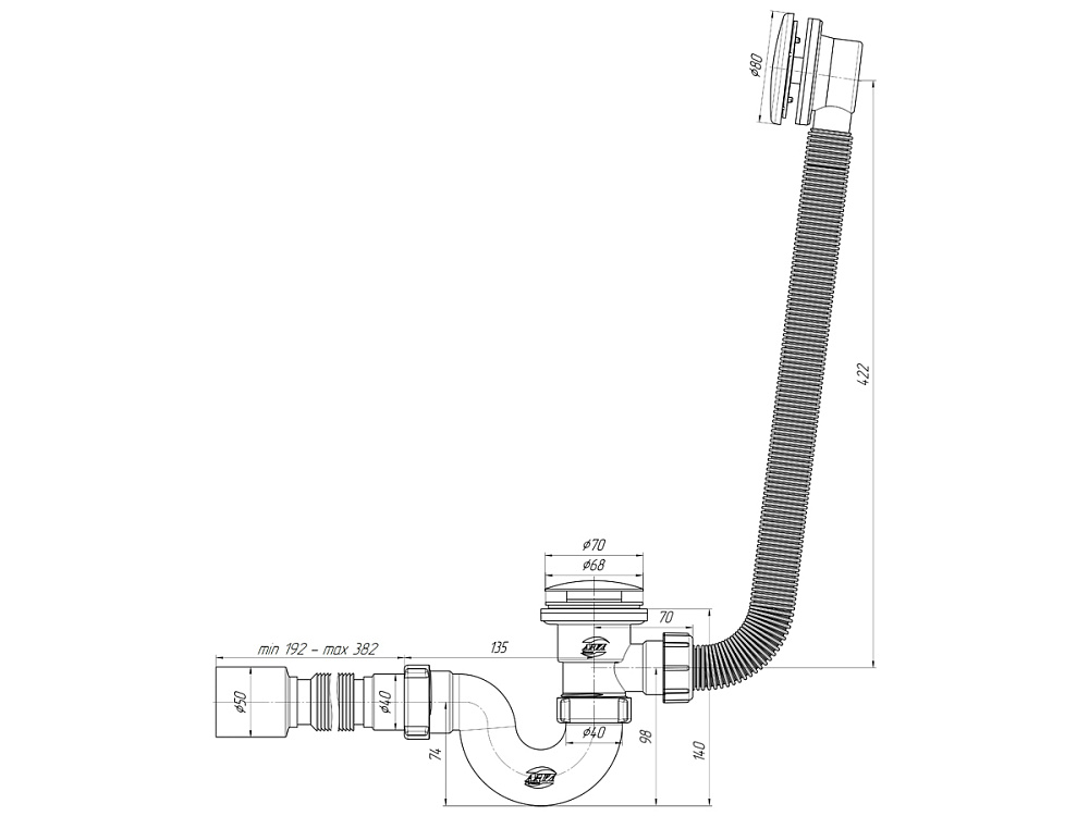 Сифон для ванны АНИ Пласт EC155GS 1 1/2 дюйма 40 мм клик-клак гриб с сеткой с переливом и гибкой трубой 40х50 мм
