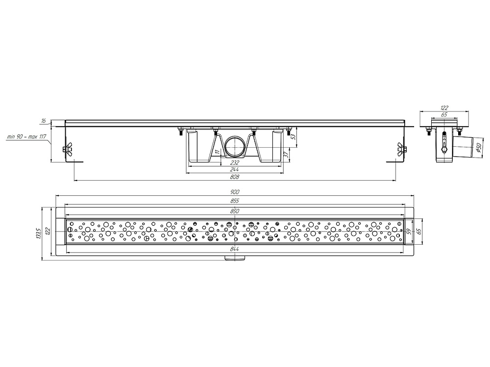 Трап линейный из нержавеющей стали АНИ Пласт TL2385G выпуск 50 мм решётка Бриз глянцевая 850 мм