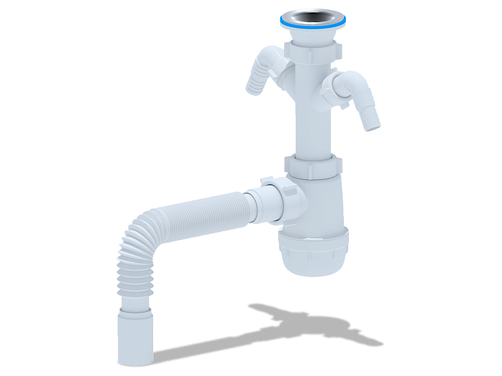 Сифон для мойки АНИ Пласт Грот A1105 1 1/2 дюйма 40 мм с двумя отводами для стиральной машины с гибкой трубой 40х40 мм