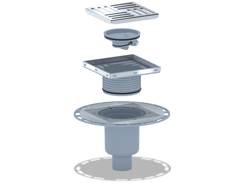 Трап для душа АНИ Пласт THQ5712 DN50 вертикальный регулируемый с сухим затвором и решёткой из нержавеющей стали 150х150 мм