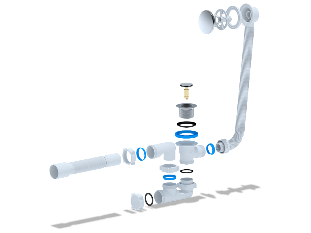 Сифон для ванны АНИ Пласт EC255 1 1/2 дюйма 40 мм клик-клак с переливом и гибкой трубой 40х50 мм