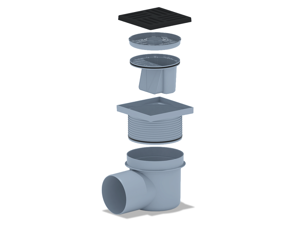 Трап для душа АНИ Пласт TQ1616 DN110 горизонтальный регулируемый с сухим затвором и решёткой из чугуна 150х150 мм